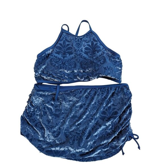 New Direction  2 piece swimsuit size  Large blue velour  stretch  blue - Picture 1 of 9